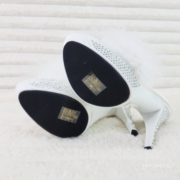 Your Majesty White Marabou Feather Rhinestone Platform Slip On Wedding Slides - Picture 3 of 10